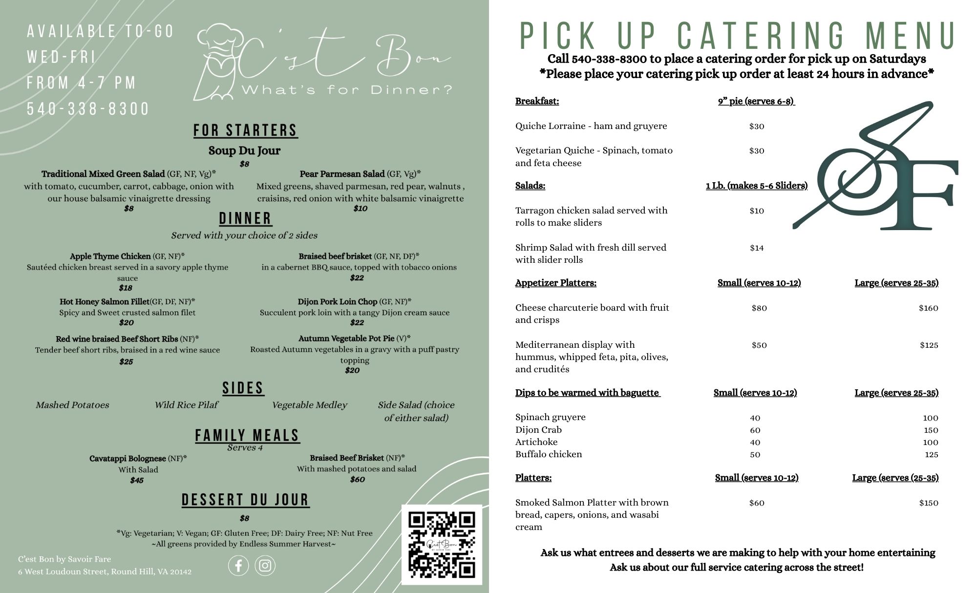 CB&SF To Go Dinner Menu